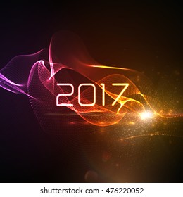 Happy new year 2017. Holiday vector illustration of 2017 and abstract digital neon wave. 3d illuminated neon wave of particles and lens flare light effect