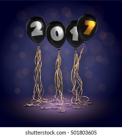 Happy New Year 2017. Holiday Vector Illustration. Greeting card in realistic design style. Black balloons with golden stripes.