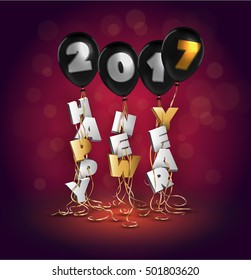 Happy New Year 2017. Holiday Vector Illustration. Greeting card in realistic design style. Black balloons with golden stripes.