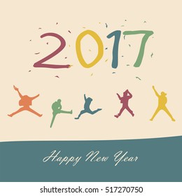 Happy new year 2017 - New Year Holiday design elements for holiday cards concept young people and best friends jumping with fun in colorful theme, for decorations Vector Illustration background eps10