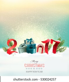 Happy new year 2017! Holiday Christmas background with a gift boxes. Vector