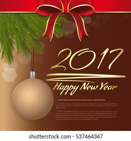 Happy New Year 2017. Holiday greeting card template with red ribbon, bow, fir branches and greeting inscription. Vector illustration