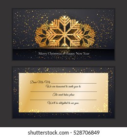 Happy New Year 2017 invite card. Gretings VIP celebrate New Year personal invitation Sparkling golden snowflake with glitter texture for Christmas, New Year 2017 . Vector template for corporate invite