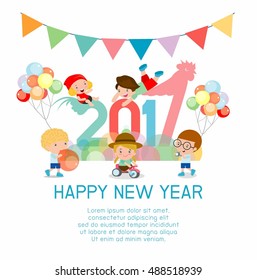 Happy New Year 2017 kids background, happy child with Happy new year 2017, rooster, Colorful Vector Illustration