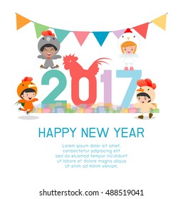 Happy New Year 2017 kids background, happy child with Happy new year 2017, rooster, Colorful Vector Illustration