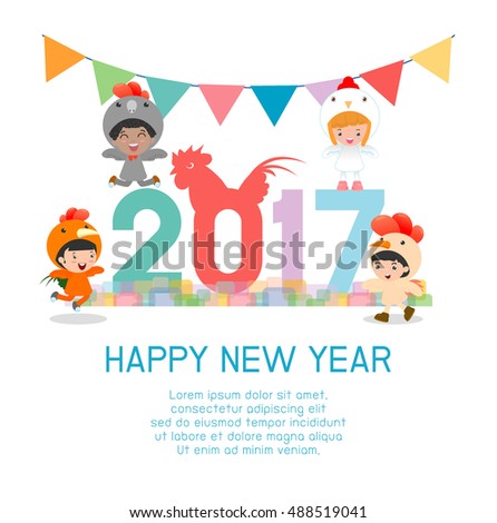 Happy New Year 2017 kids background, happy child with Happy new year 2017, rooster, Colorful Vector Illustration