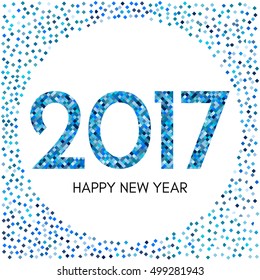 Happy New Year 2017 label with blue confetti. New Year and Xmas Design Element Template. Vector Illustration.