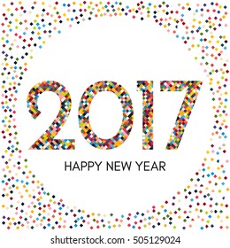 Happy New Year 2017 label with colorful confetti. New Year and Xmas Design Element Template. Vector Illustration.