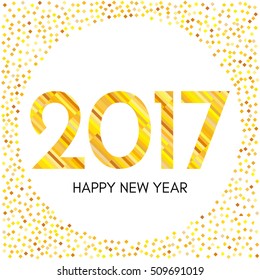 Happy New Year 2017 label with yellow confetti and lines. New Year and Xmas Design Element Template. Vector Illustration.
