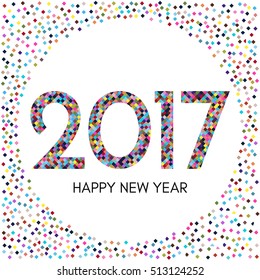 Happy New Year 2017 label with colorful confetti. New Year and Xmas Design Element Template. Vector Illustration.