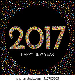 Happy New Year 2017 label with colorful confetti on black background. New Year and Xmas Design Element Template. Vector Illustration.