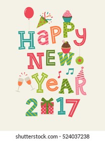Happy New Year 2017 lettering with celebration icons, typographic holidays greeting card design.