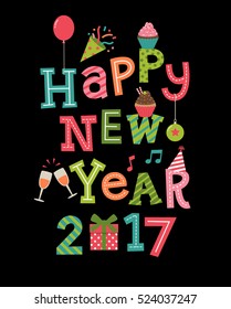 Happy New Year 2017 lettering with celebration icons, typographic holidays greeting card design.