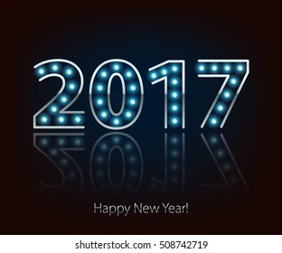 Happy New Year 2017 light bulb retro neon background. Calendar design typography vector illustration. Blue lights. Silver metallic number.