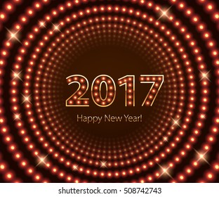 Happy New Year 2017 light bulb retro neon background. Calendar design typography vector illustration. Red and yellow lights. Golden metallic number.