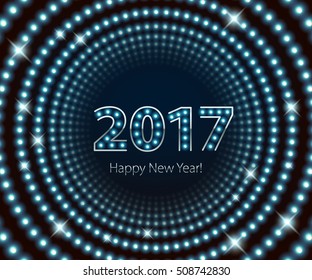 Happy New Year 2017 light bulb retro neon background. Calendar design typography vector illustration. Blue lights. Silver metallic number.
