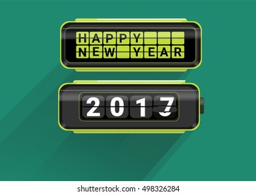 Happy New Year 2017 in Lime Green  flip clock in dark blue background . vector mechanical flip clock in the process of the flip