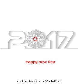 Happy New Year 2017.  Line Numbers and snowflake cut from paper. Vector Illustration. Paper white design with shadows. Text Design. Calendar cover. 