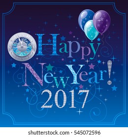 Happy new year 2017 logo icon. Vector poster with silver clock, balloons. Abstract holiday design template. Vintage symbols, swirls pattern, text lettering banner. Blue night sky background