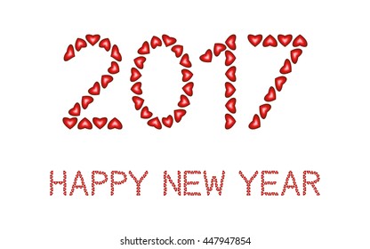 Happy New Year 2017 made from hearts on white background