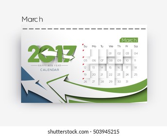 Happy new year 2017 March Calendar - New Year Holiday design elements for holiday cards,  calendar banner poster for decorations, Vector Illustration Background.