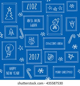 Happy New Year 2017. Merry Christmas. Wrapping paper. Winter seamless pattern. Doodles, sketch, design elements. Vector.