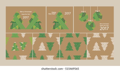 Happy New Year 2017. Merry Christmas. Set of Christmas and New Year elements: card, wrapping paper. Christmas seamless pattern. Printing on the kraft paper. Vector