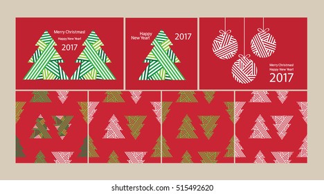 Happy New Year 2017. Merry Christmas. Set of Christmas and New Year elements: card, wrapping paper. Christmas seamless pattern. Vector.