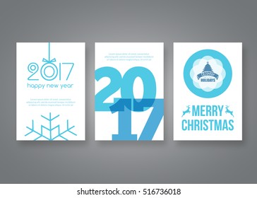 Happy new year 2017 and Merry Christmas vector modern brochure flyer design template with numbers. Set of Postcard, invitation. Vector illustration.