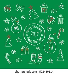 Happy New Year 2017. Merry Christmas. Template for Greeting Congratulations, Invitations. Doodles, sketch, design elements. Vector.