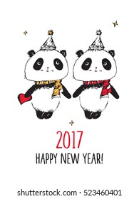 Happy New Year 2017. Merry Christmas. Greeting card with hand drawn cute pandas.  Doodles, sketch. Vector.