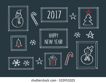 Happy New Year 2017. Merry Christmas. Template for Greeting Congratulations, Invitations. Hand drawn with chalk. Doodles, sketch, design elements. Vector.