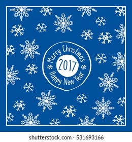 Happy New Year 2017. Merry Christmas. Congratulations, greeting card with snowflakes. Doodles, sketch, design elements. Vector.