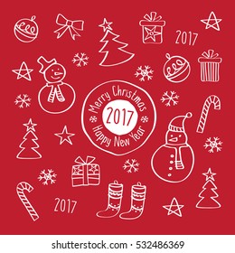 Happy New Year 2017. Merry Christmas. Greeting card with hand drawn winter pictures. Vector illustration.