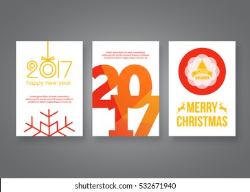 Happy new year 2017 and Merry Christmas vector modern brochure flyer design template with numbers. Set of Postcard, invitation. Vector illustration.