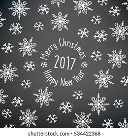 Happy New Year 2017. Merry Christmas. Congratulations, greeting card with snowflakes. Hand drawing with chalk on the blackboard. Vector.