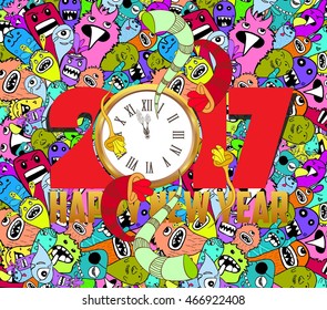 Happy new year 2017 monster doodle.