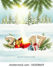 Happy New Year 2017 nature background with magic box and presents. Vector.