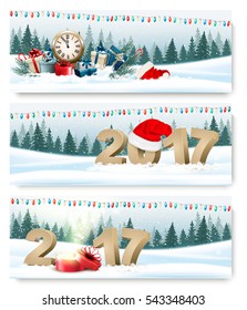 Happy New Year 2017 nature banners with garland and presents. Vector.