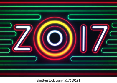 Happy New Year 2017. Neon glowing text, with original design. For your holiday cards and other projects. Vector illustration.