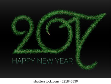 Happy New Year. 2017 Number of green curved branches ate on a black background. Christmas. Template for greeting cards, websites, invitations, holiday banners.