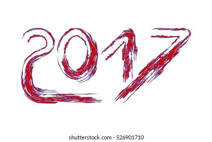 Happy New Year 2017. number red, blue paint. white background. grunge texture. vector illustration.