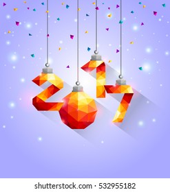 Happy New Year  with 2017 number hanging on winter background in polygonal origami style.Greeting card concept-Vector Illustration