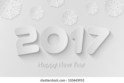 Happy New Year 2017. Numbers and snowflake cut from paper. Vector Illustration. Paper white design with shadows. Text Design. Calendar cover. 