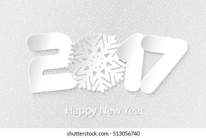 Happy New Year 2017. Numbers and snowflake cut from paper. Vector Illustration. Paper white design with shadows. Text Design. Calendar cover. 