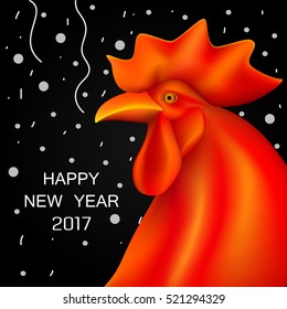 Happy New Year 2017. Numbers 2017 with red rooster head and snow on a black gradient background. Inscription 2017 vector illustration with 3d gold effect. Decorative greeting card 2017 new year.
