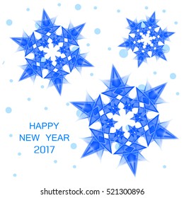 Happy New Year 2017. Numbers 2017 with blue snowflakes and snow on a white background. Inscription 2017 and blue snowflakes vector illustration with 3d ice effect. Greeting card 2017 new year.