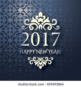 Happy New Year 2017 year on abstract ornamental shining silbel-blue background