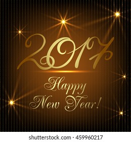 Happy New Year 2017 on black background with lights. Vector illustration.