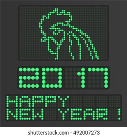 Happy New Year 2017 on the electronic screen. Digital Rooster.